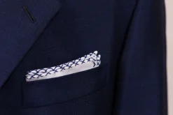 Navy Blue X-Stitch Edge White Linen Pocket Square