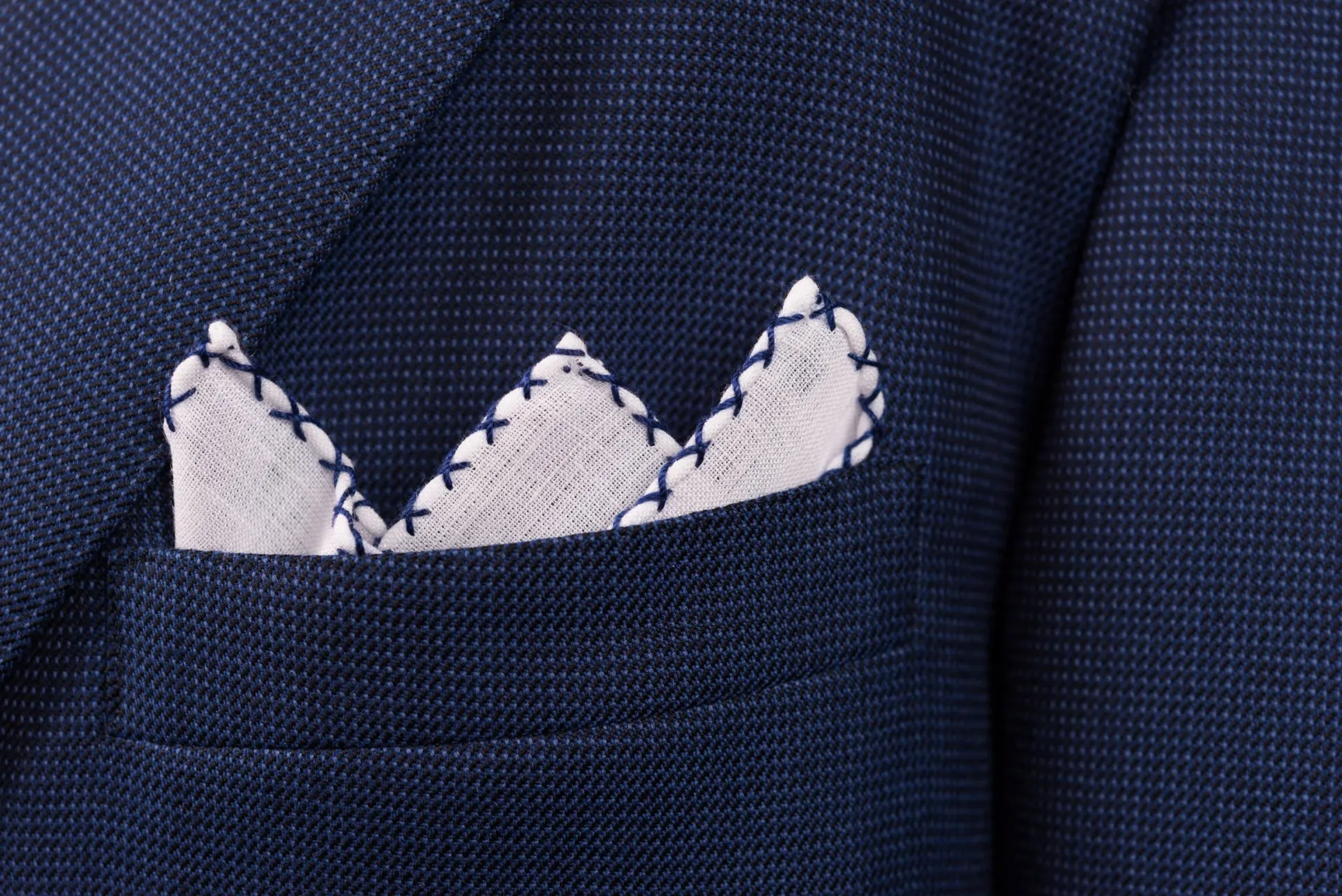 Navy Blue X-Stitch Edge White Linen Pocket Square