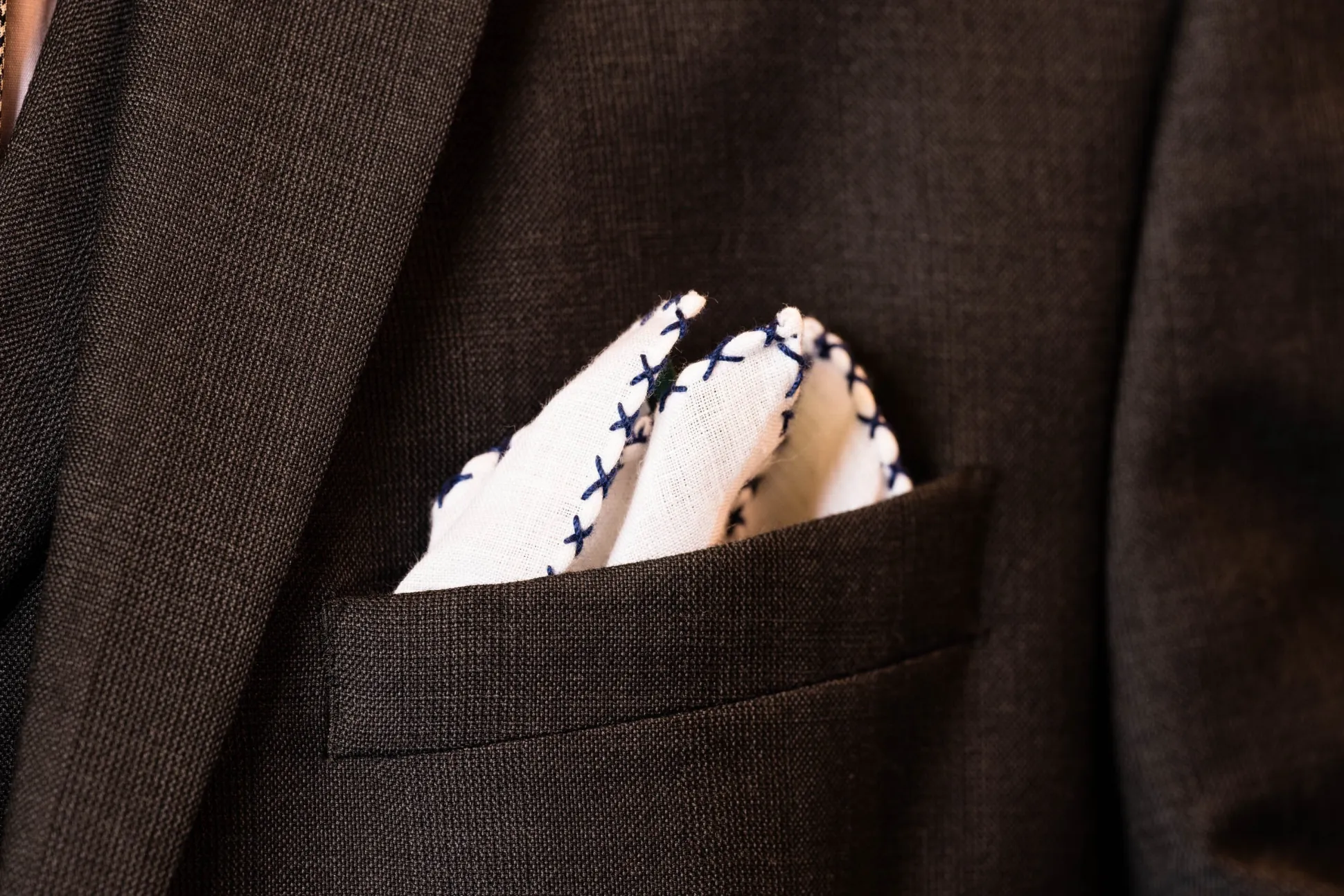 Navy Blue X-Stitch Edge White Linen Pocket Square