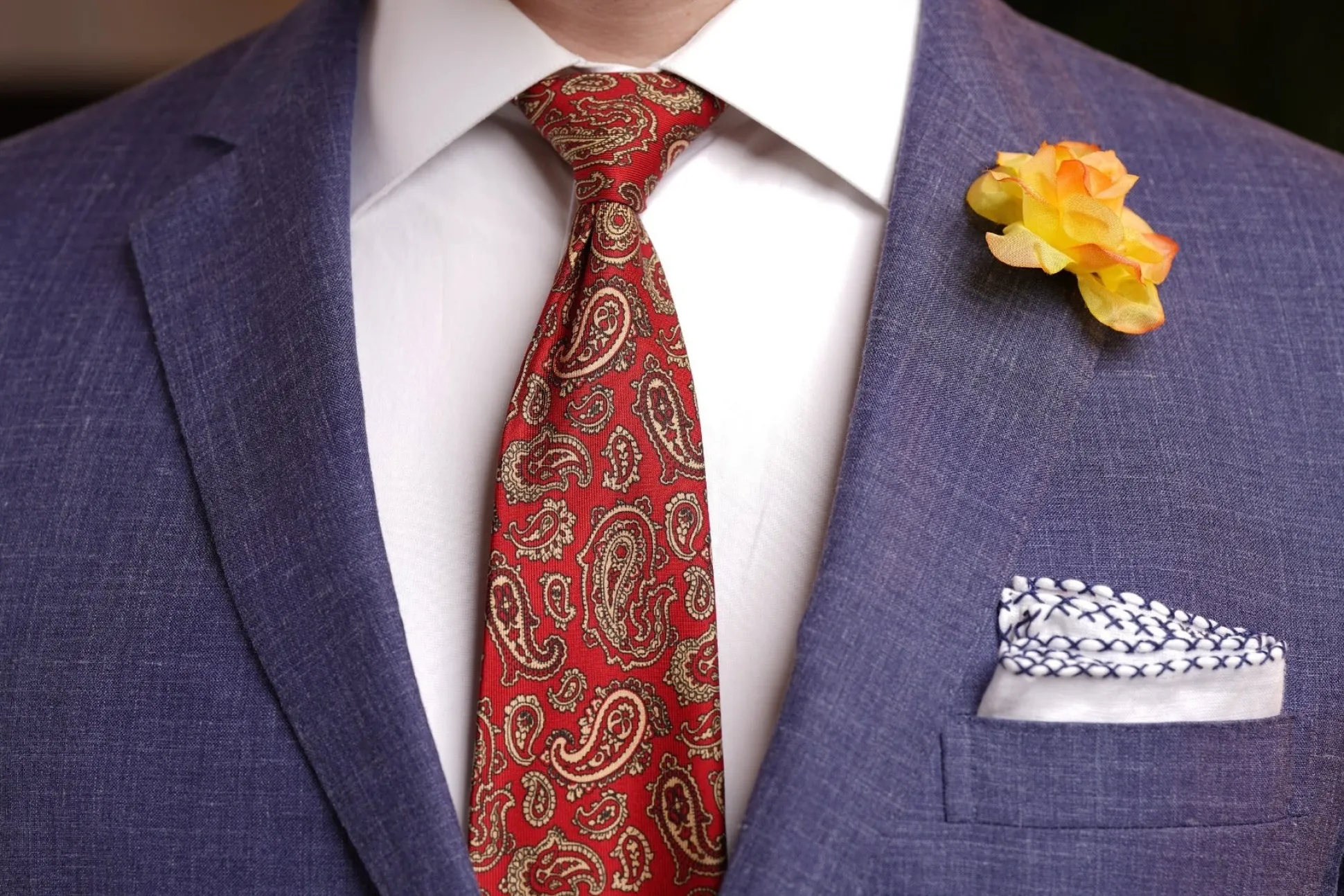 Navy Blue X-Stitch Edge White Linen Pocket Square