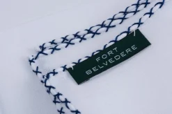 Navy Blue X-Stitch Edge White Linen Pocket Square