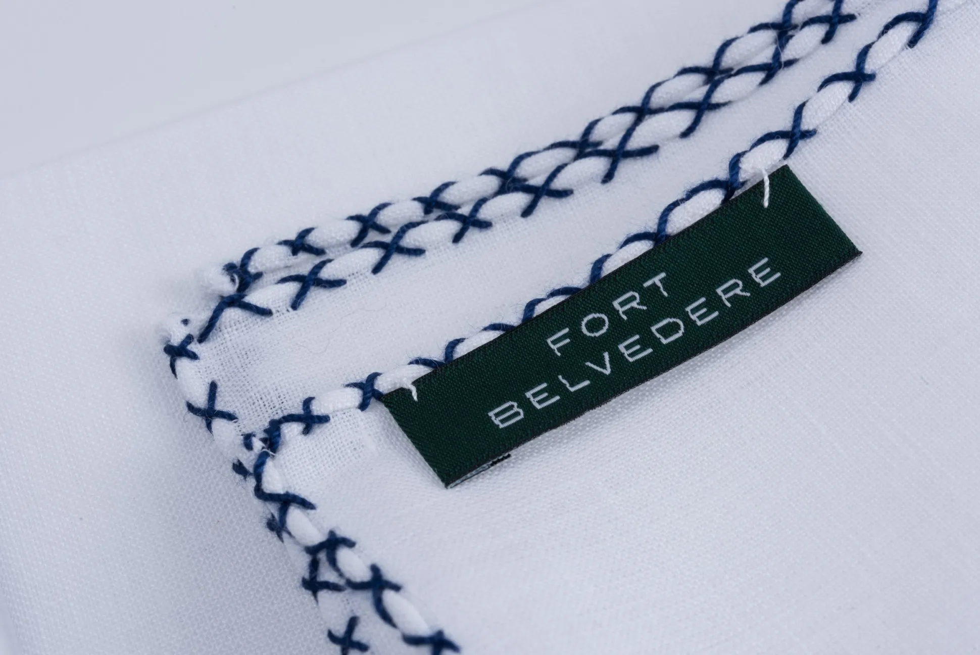 Navy Blue X-Stitch Edge White Linen Pocket Square