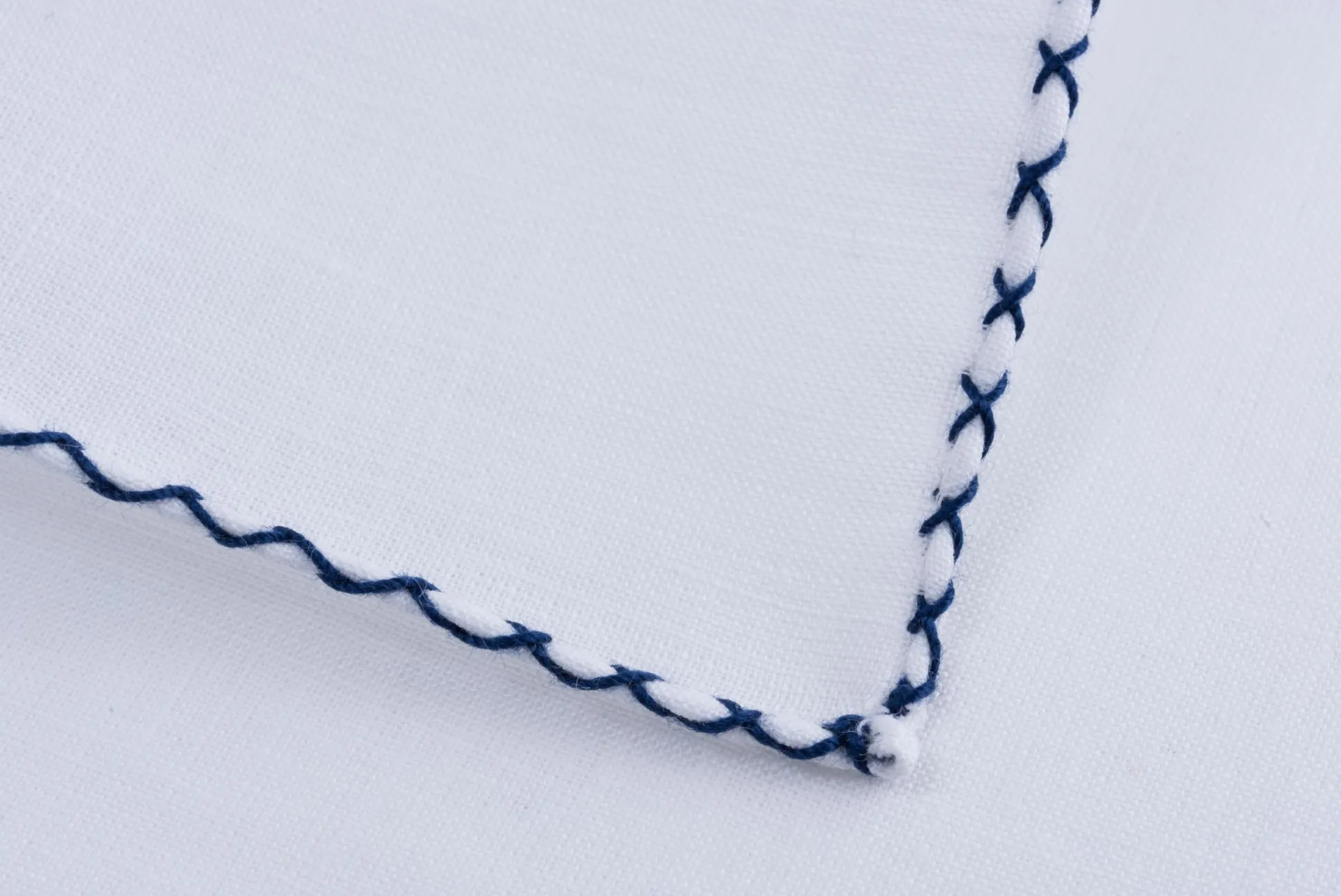 Navy Blue X-Stitch Edge White Linen Pocket Square