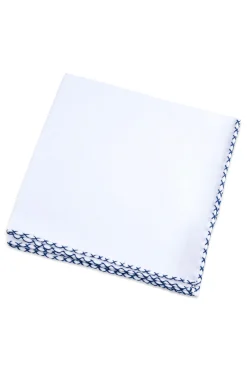 Navy Blue X-Stitch Edge White Linen Pocket Square