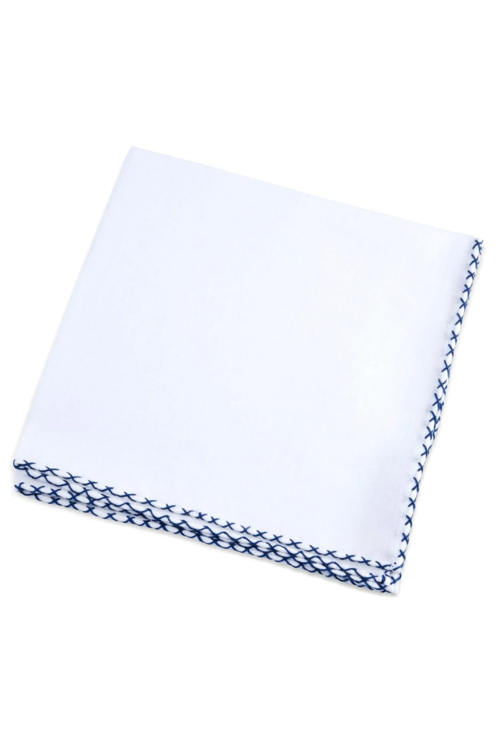 Navy Blue X-Stitch Edge White Linen Pocket Square