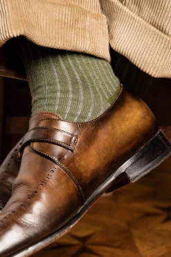 Olive Green & Light Gray Shadow Stripe Midweight Cotton Socks