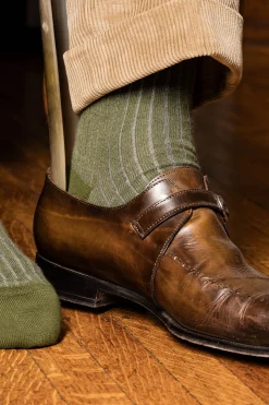 Olive Green & Light Gray Shadow Stripe Midweight Cotton Socks