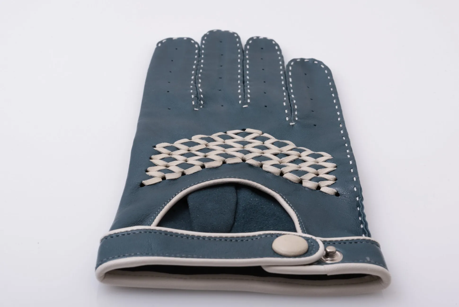 Petrol Blue & Cream Driving Gloves in Lamb Nappa Leather
