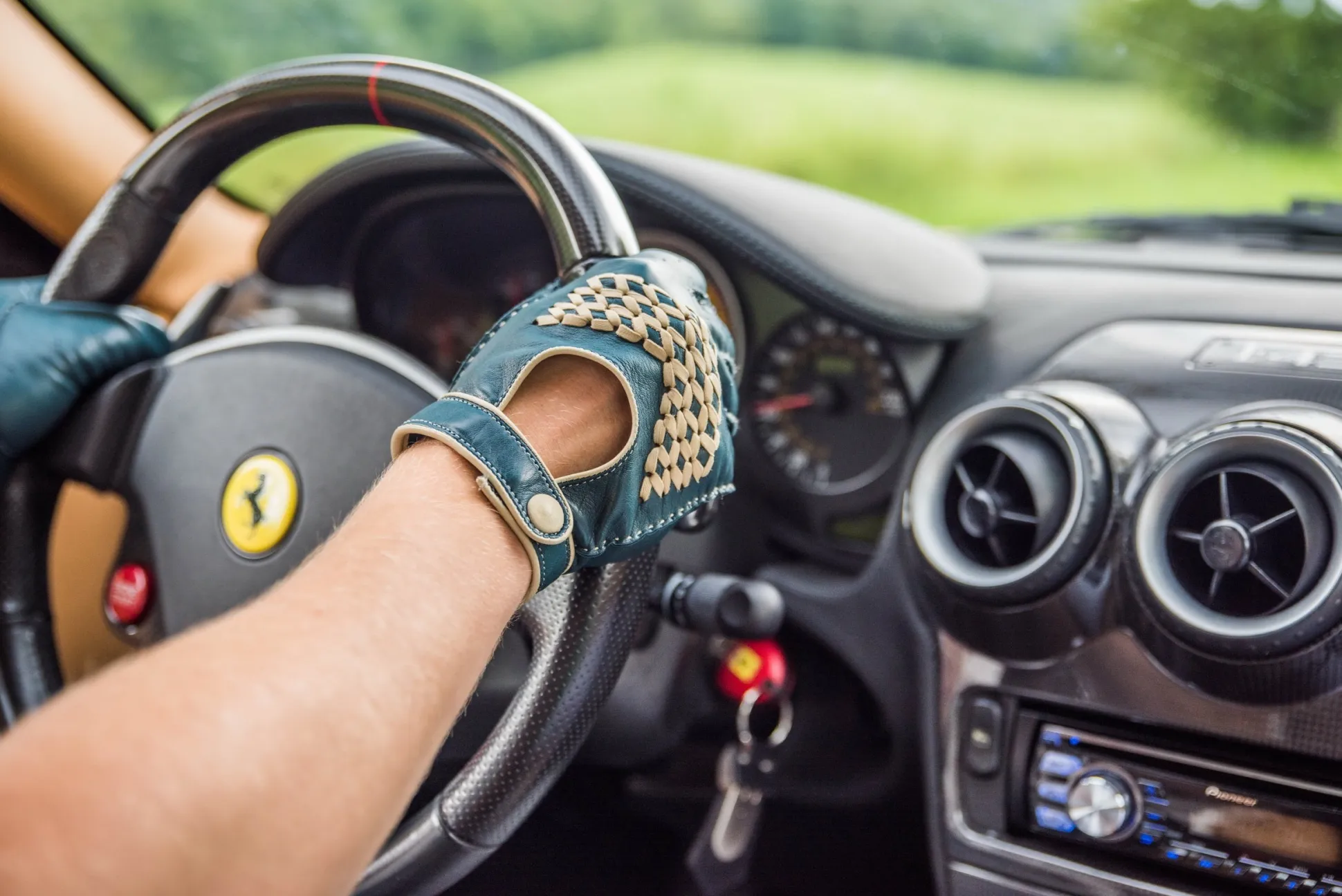 Petrol Blue & Cream Driving Gloves in Lamb Nappa Leather