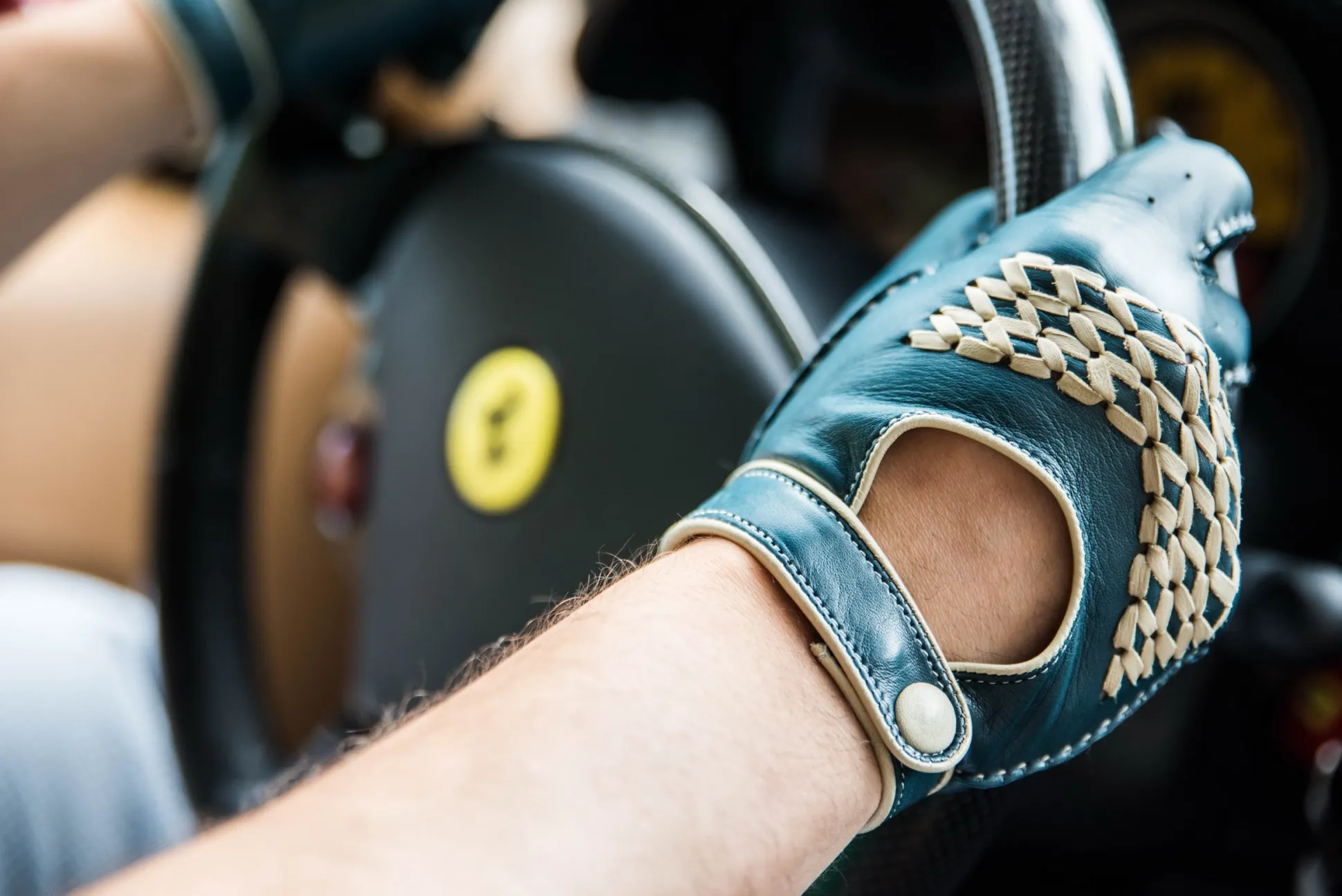 Petrol Blue & Cream Driving Gloves in Lamb Nappa Leather