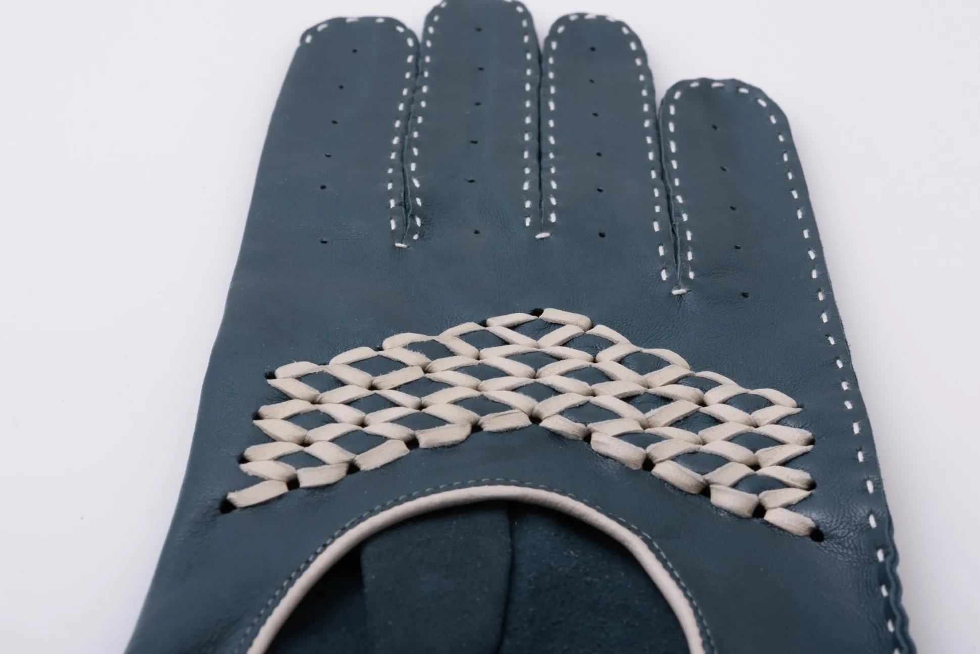 Petrol Blue & Cream Driving Gloves in Lamb Nappa Leather
