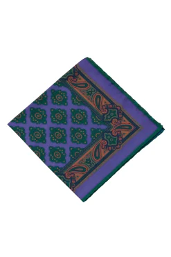 Purple Diamond and Paisley Green Contrast Edge Madder Silk Pocket Square