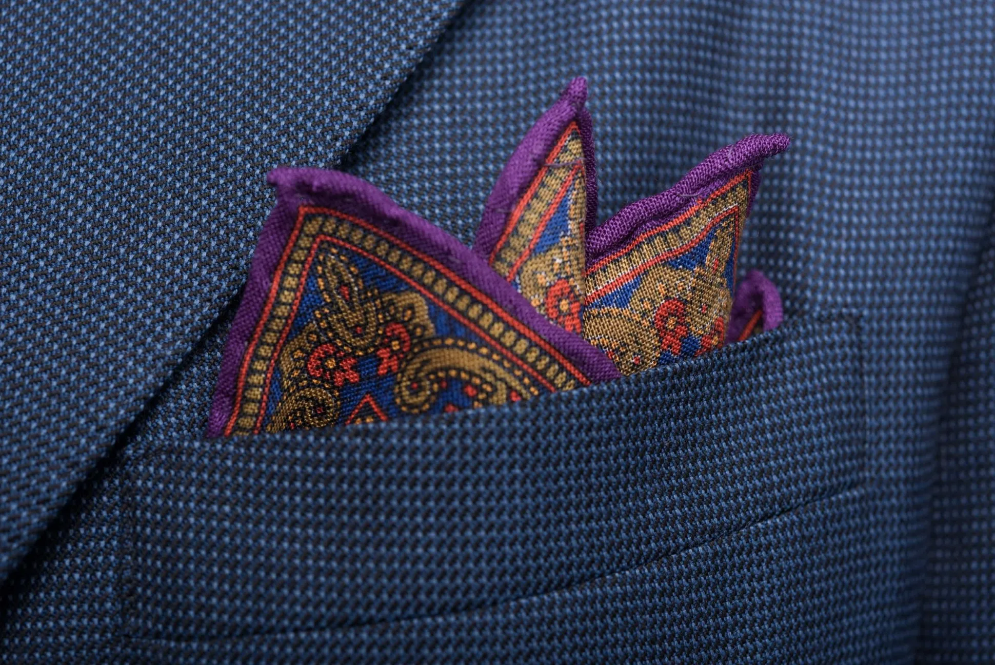 Purple & Orange Medallion Silk Wool Pocket Square