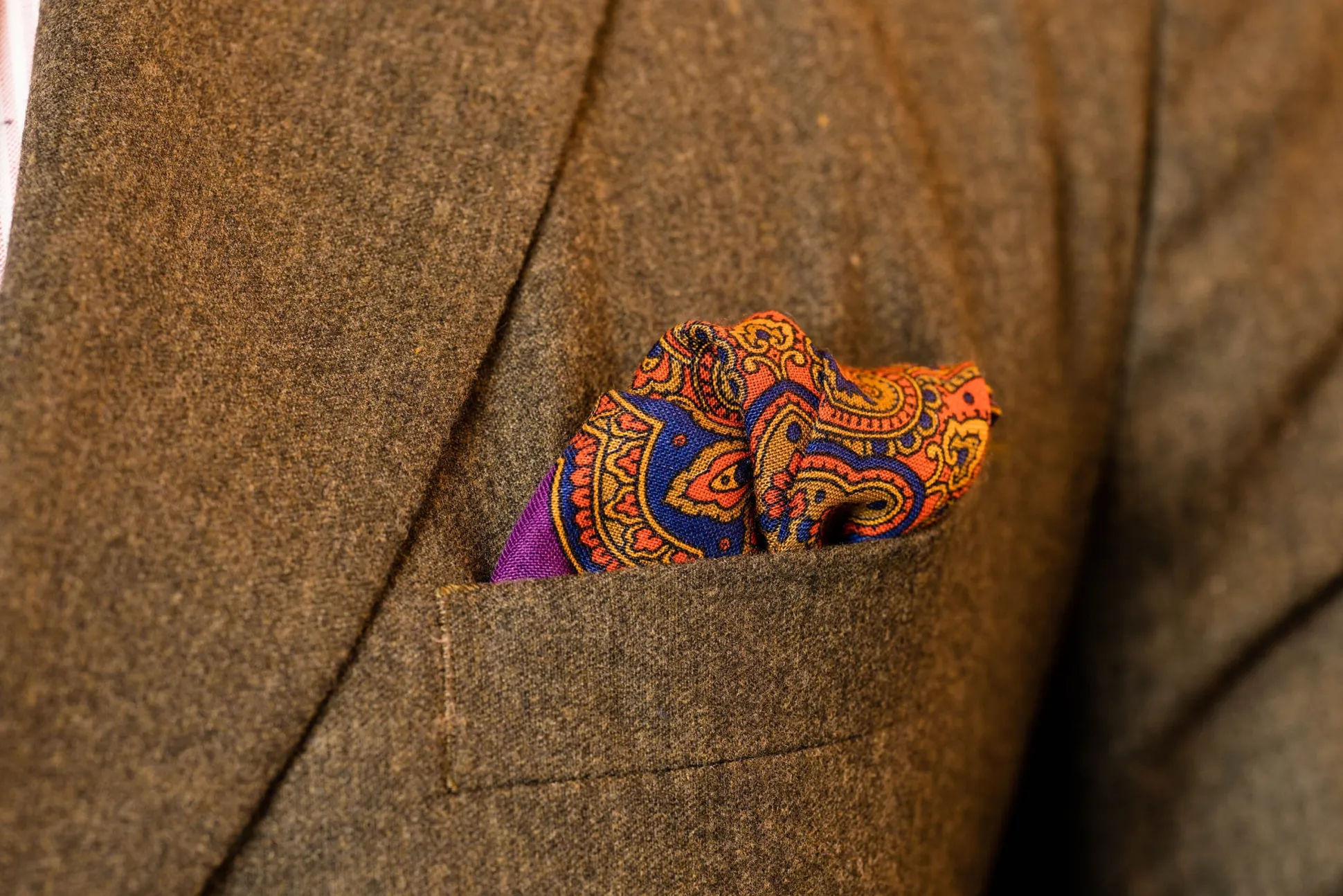Purple & Orange Medallion Silk Wool Pocket Square