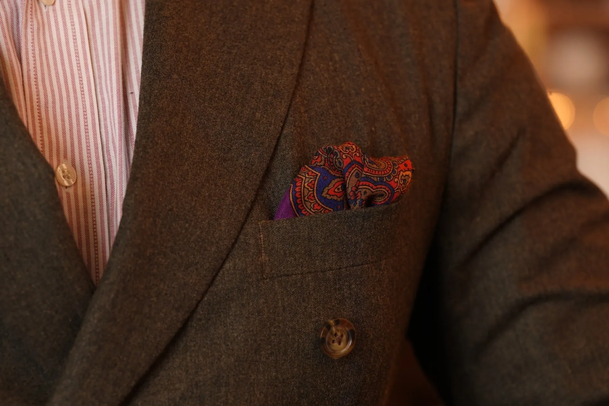 Purple & Orange Medallion Silk Wool Pocket Square