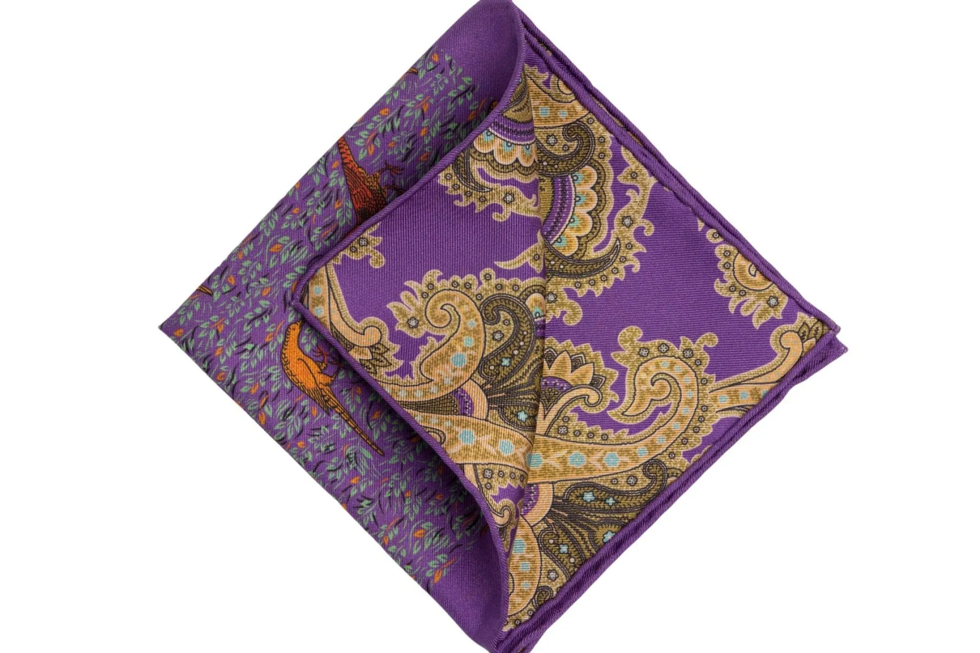 Purple Reversible Pheasant & Paisley Silk Pocket Square