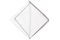 Red & Navy Blue X-Stitch Edge White Linen Pocket Square
