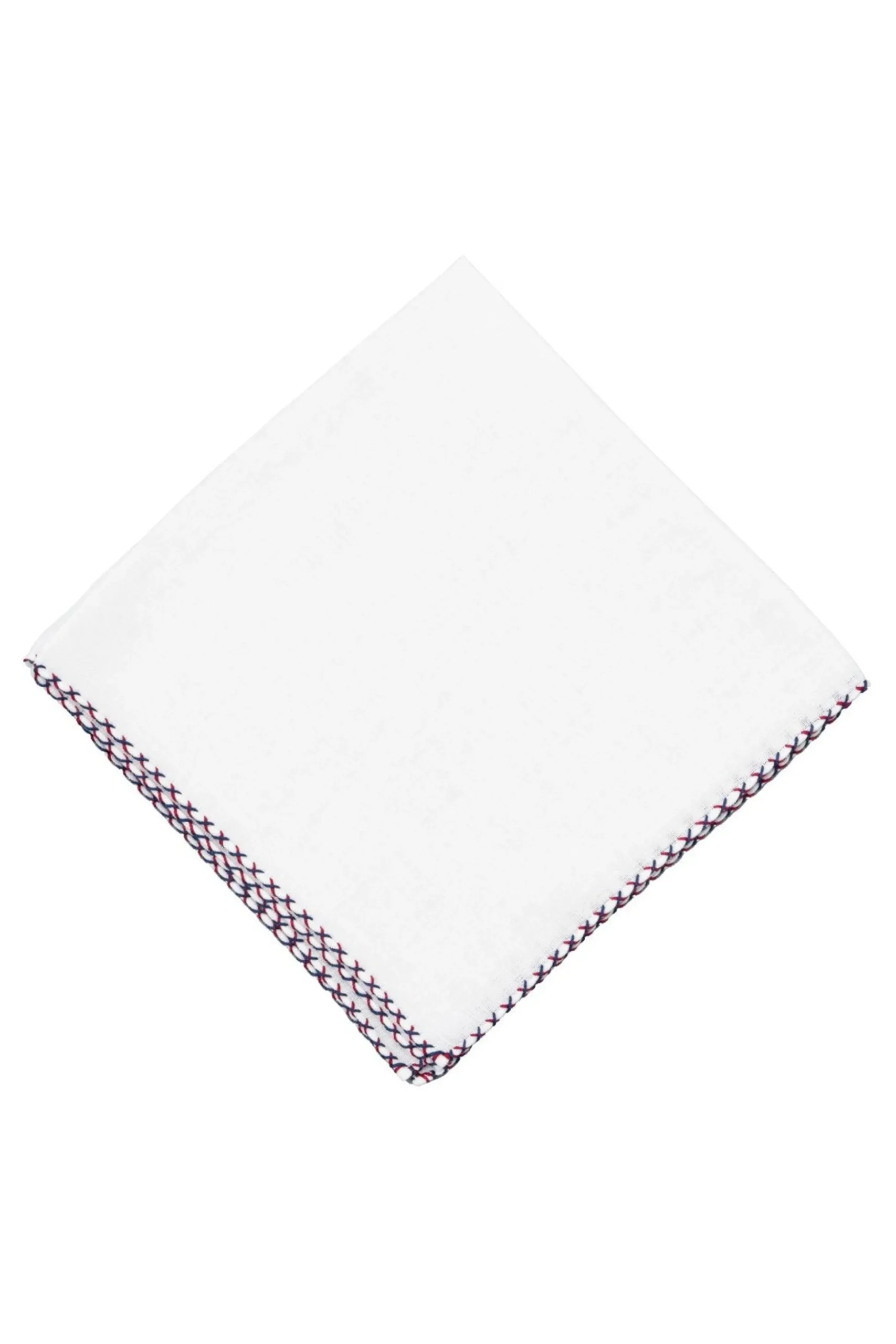 Red & Navy Blue X-Stitch Edge White Linen Pocket Square
