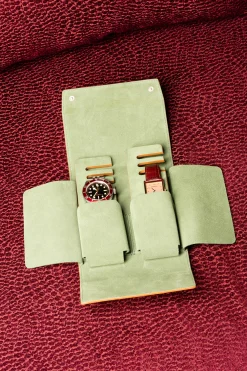 2-Watch Vintage Gold & Sage Green Suede Leather Watch Case