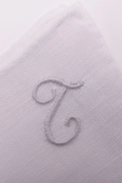 White Italian Linen Pocket Square with Hand-Embroidered Initial