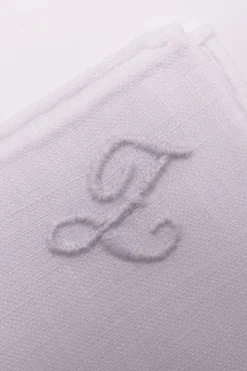 White Italian Linen Pocket Square with Hand-Embroidered Initial