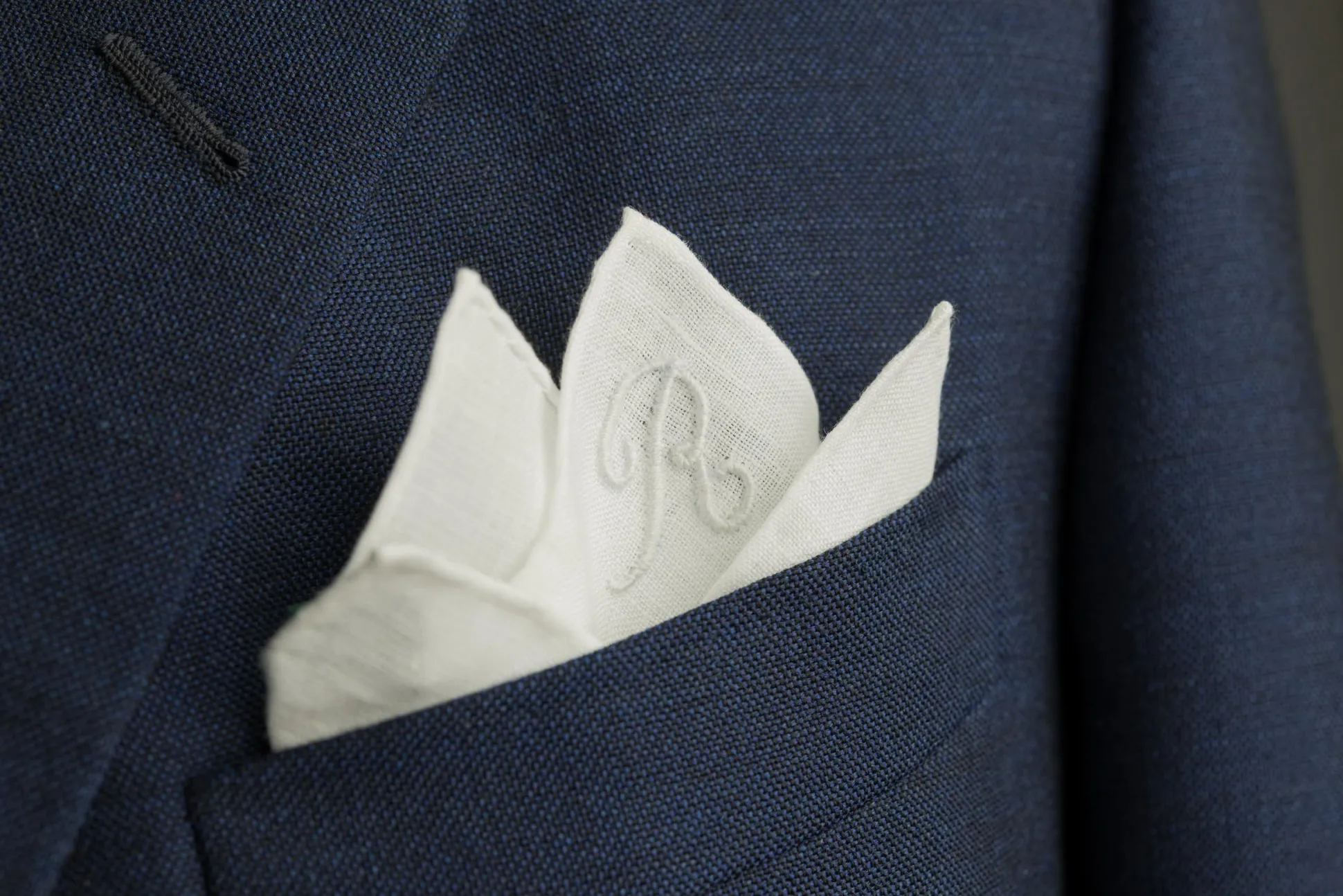 White Italian Linen Pocket Square with Hand-Embroidered Initial