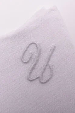 White Italian Linen Pocket Square with Hand-Embroidered Initial