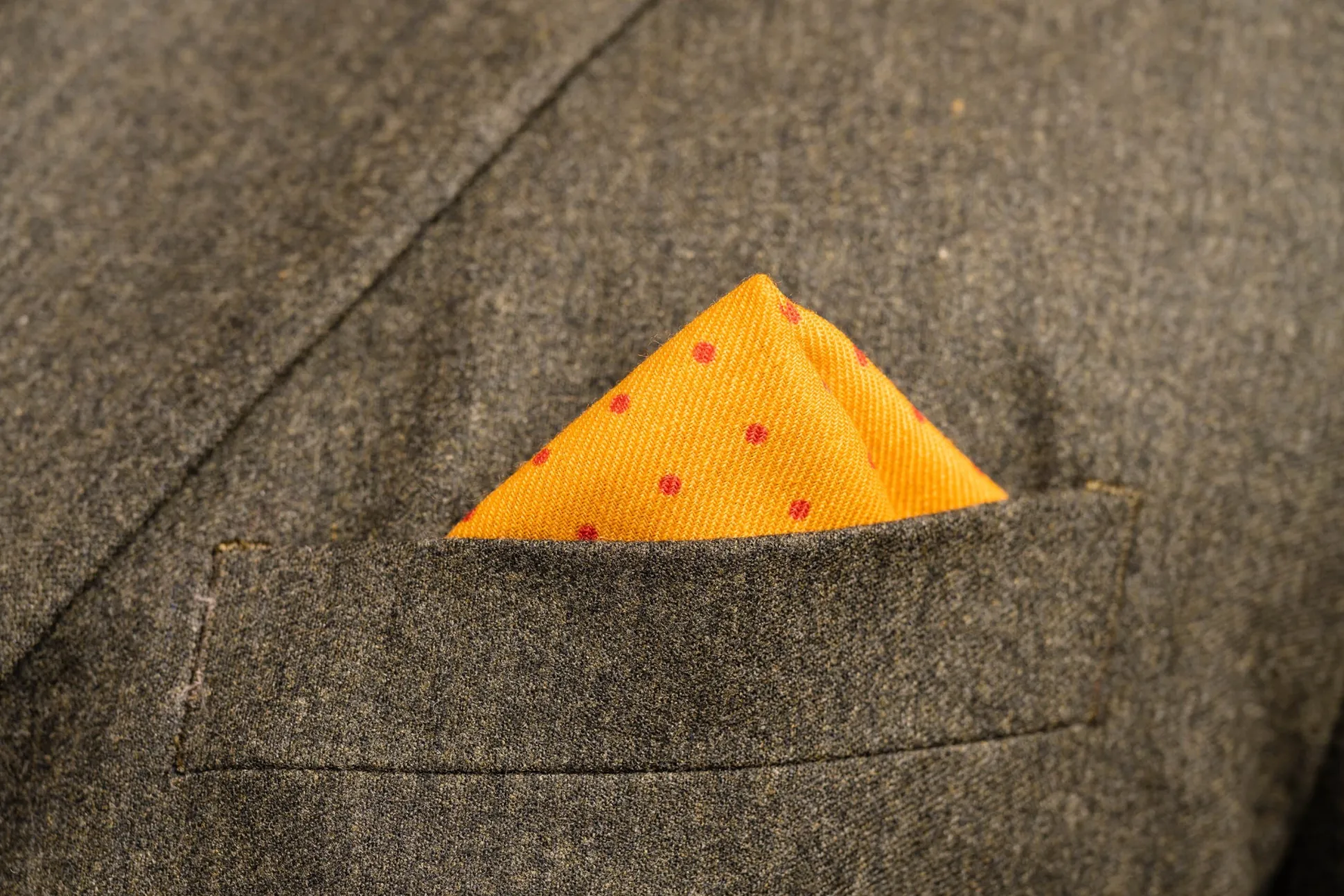 Yellow & Burgundy Polka Dot Wool Challis Pocket Square