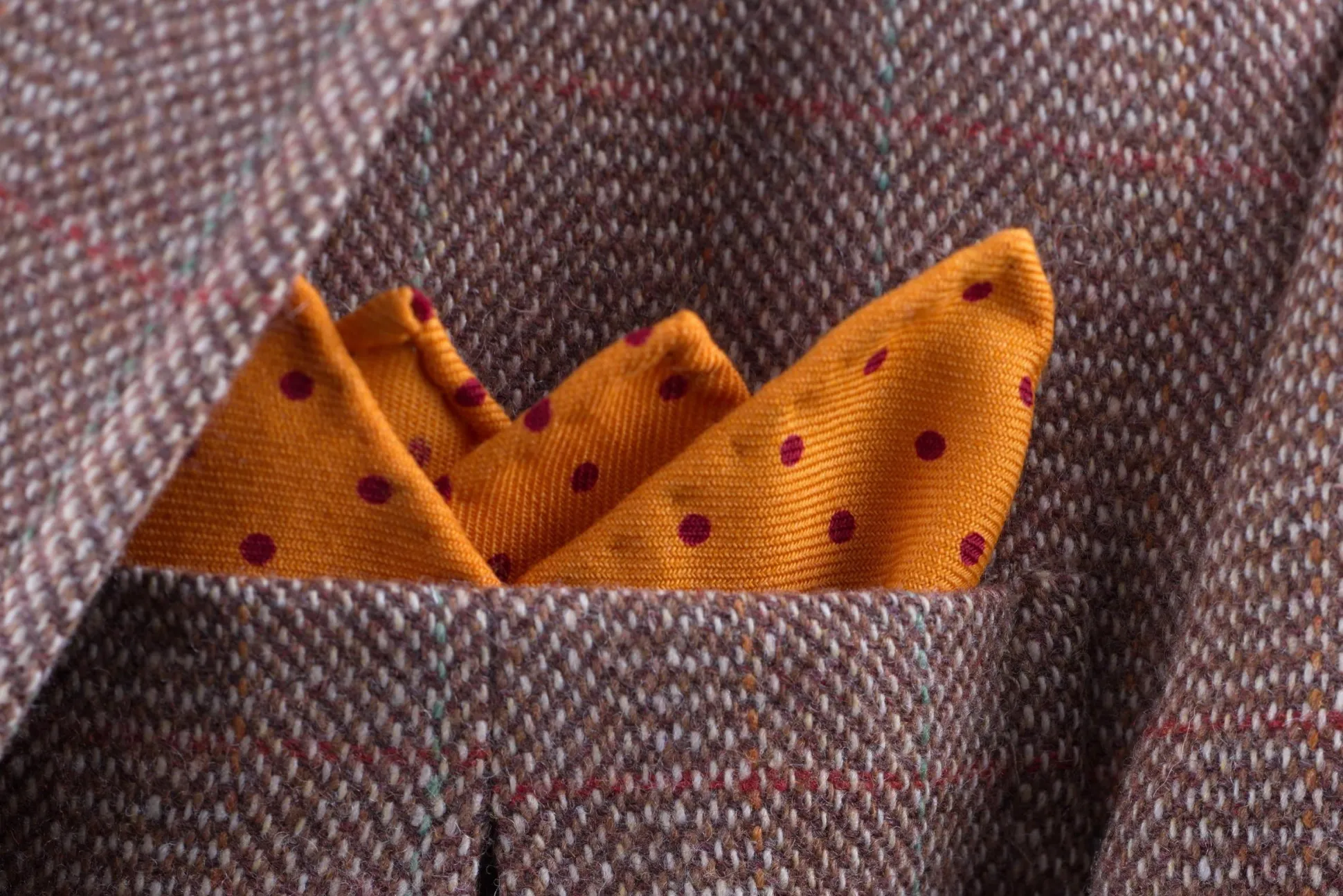 Yellow & Burgundy Polka Dot Wool Challis Pocket Square